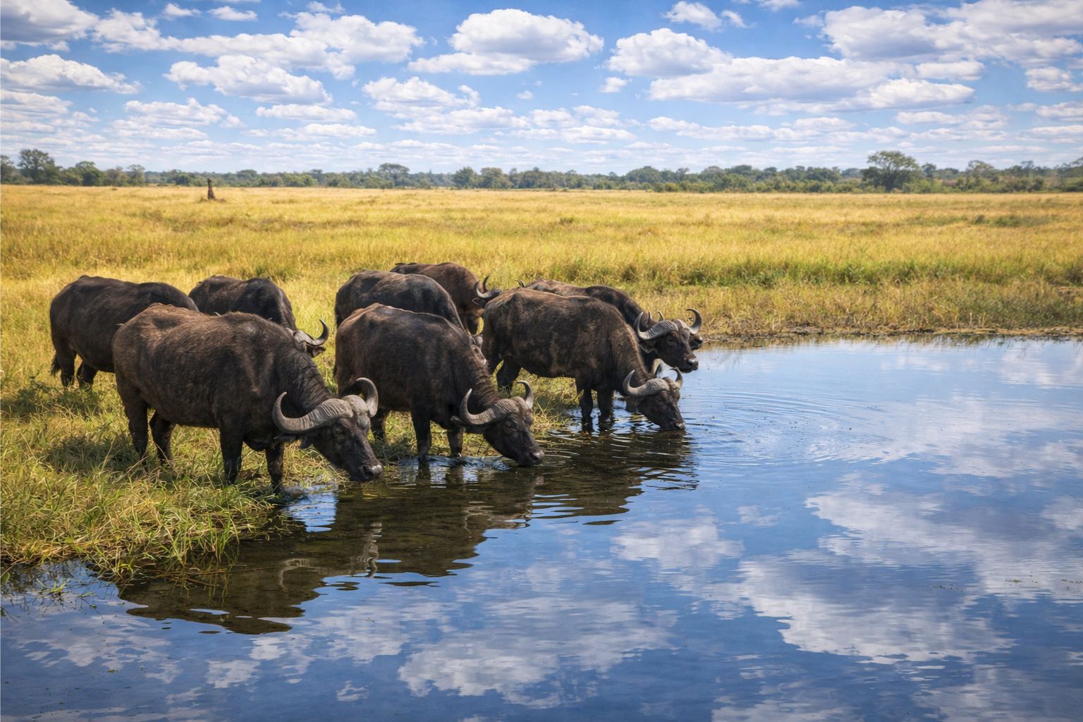 African buffalo drinking at Savuti Marsh in Chobe National Park, photographed during a guided safari with Chobe Tours