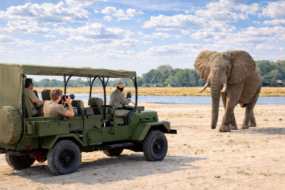 Elephant walking near a safari vehicle by the river in Chobe National Park, photographed during a Chobe Tours game drive