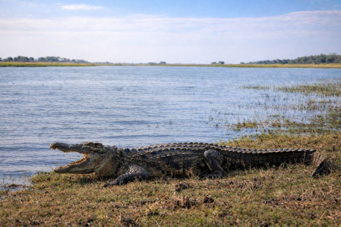 Large Nile crocodile basking beside the Chobe River in Chobe National Park