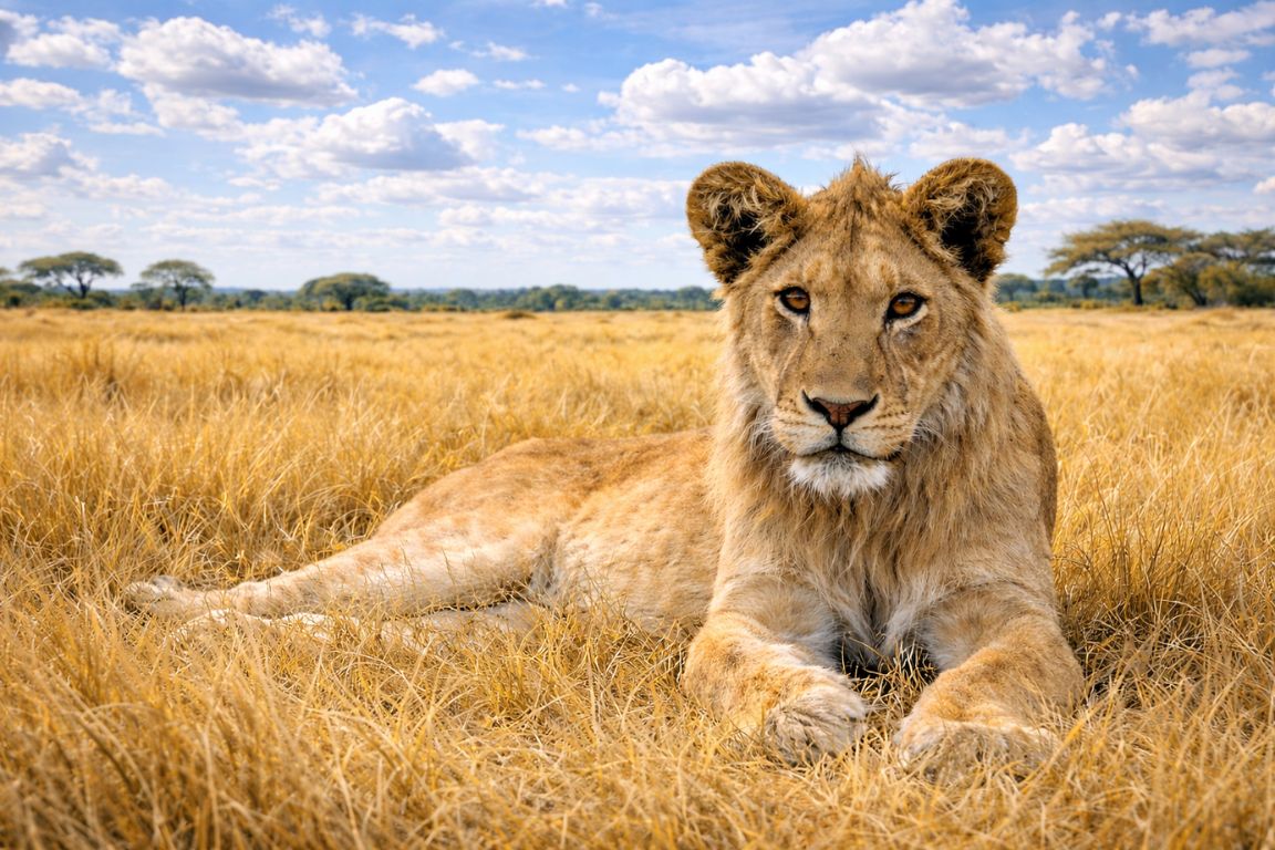 Young lion resting in golden savanna grass in Chobe National Park, photographed during a guided safari experience with Chobe Tours